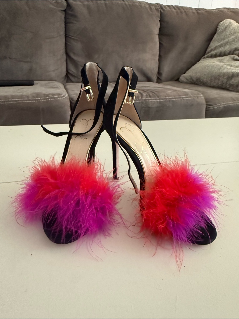 Jessica Simpson Black Feather Heels Red Pink Marabou Stiletto Statement Cocktail